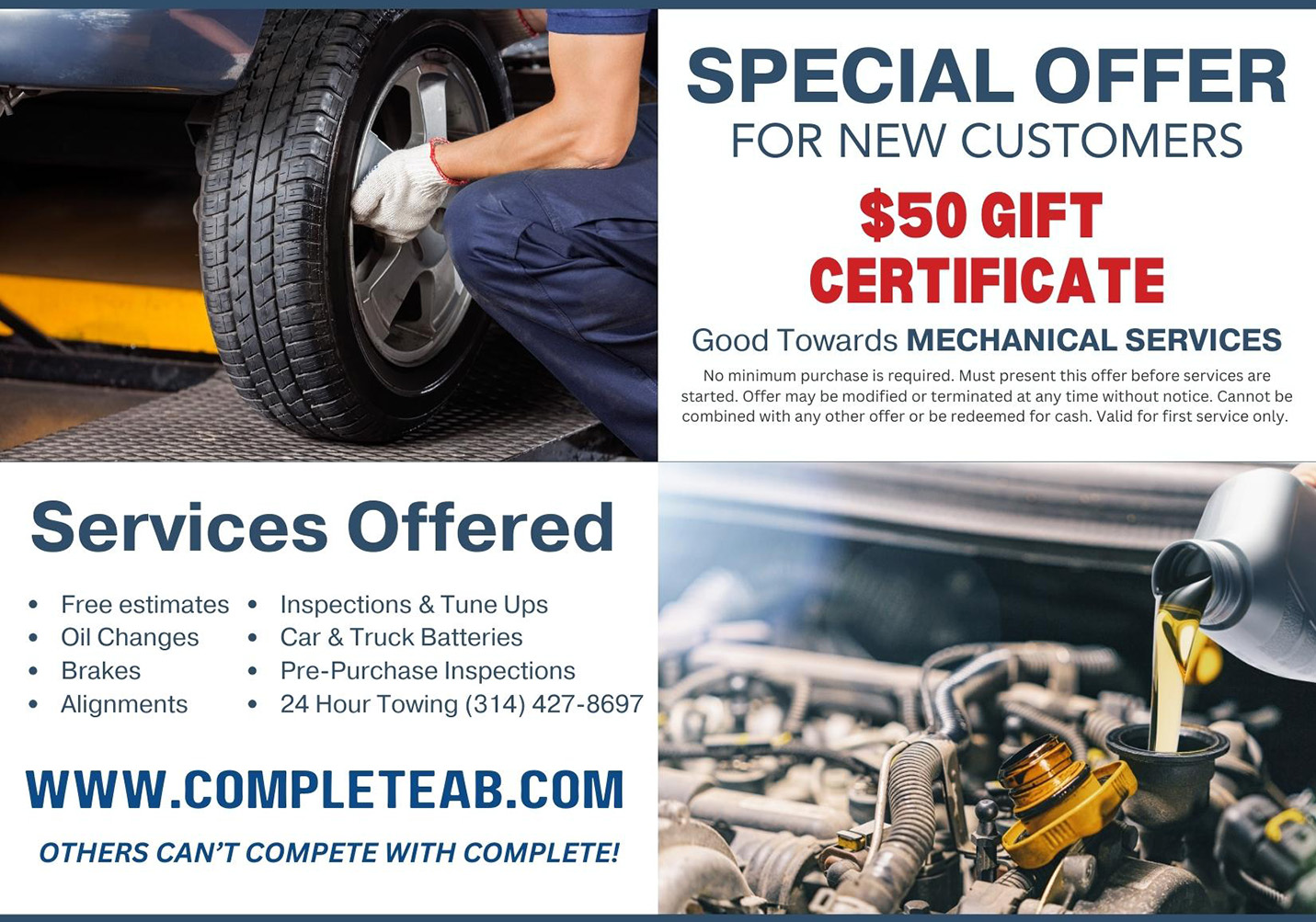 Complete Auto Body & Repair $50 Off Gift Certificate for new customers. Good for Mechanical Services only.